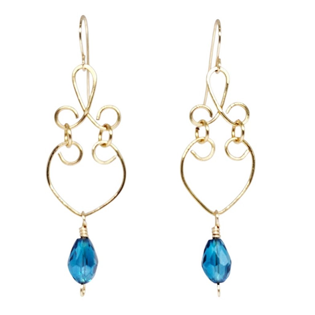 Blue Teardrop Crystal Celtic Knot Earrings Gold Tone Boho Dangle Handmade